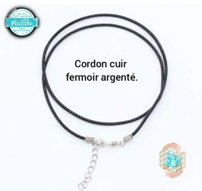 cordon cuir noir fermoir argenté avec chainette d extention de 4 cm création MaLitho de chez Bijoux, pierres et bien-être