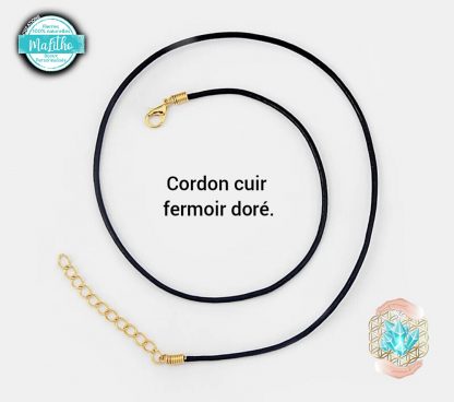 cordon cuir noir fermoir doré avec chainette d extention de 4 cm création MaLitho de chez Bijoux, pierres et bien-être