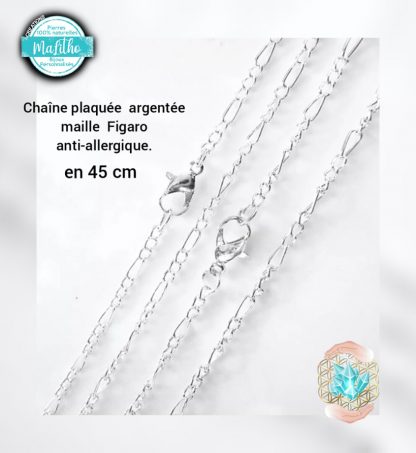 chaine argentée en 45 cm maille figaro 45cm création MaLitho de chez Bijoux, pierres et bien-être