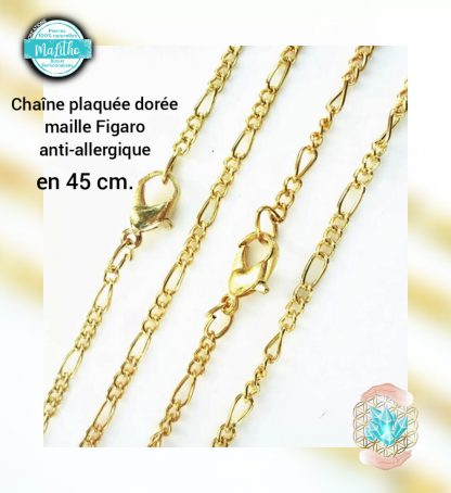 chaine dorée en 45 cm maille figaro 45 cm création MaLitho de chez Bijoux, pierres et bien-être